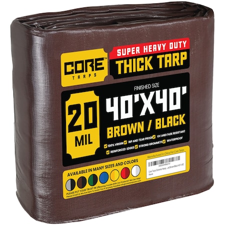 Core Tarps Heavy Duty Tarp, 40 ft L x 0.5 mm H x 40 ft W, 20 Mil, Brown/Black, Polyethylene CT-702-40X40